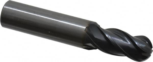 OSG - 11/16" Diam, 1-3/8" LOC, 4 Flute Solid Carbide Ball End Mill - TiAlN Finish, Single End, 4" OAL, 3/4" Shank Diam, Spiral Flute - Americas Industrial Supply