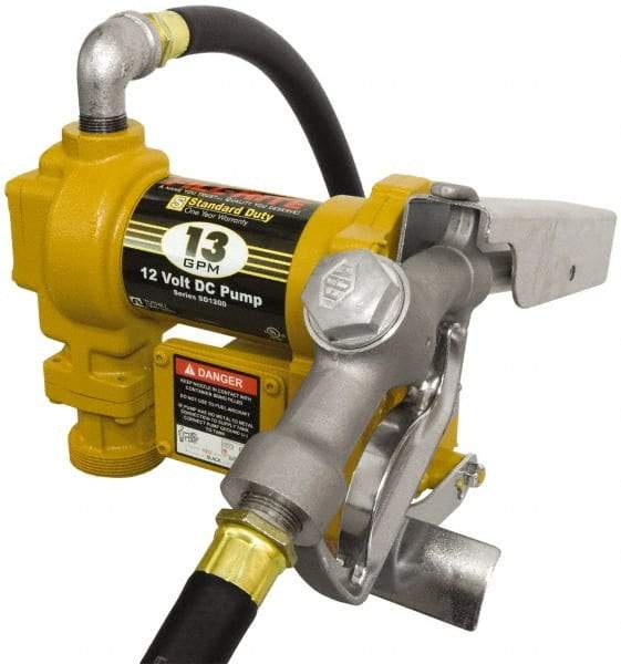 Tuthill - 13 GPM, 3/4" Hose Diam, DC Tank Pump with Manual Nozzle - 1" Inlet, 3/4" Outlet, 12 Volts, 10' Hose Length, 1/4 hp - Americas Industrial Supply