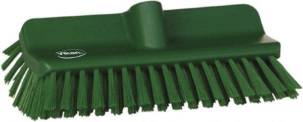 Vikan - 1-1/2" Bristle Length, Polyester Cleaning & Finishing Brush - 9-5/8" Long x 5" Wide Head, 10" OAL, European Threaded Handle, Green, Polypropylene Block - Americas Industrial Supply