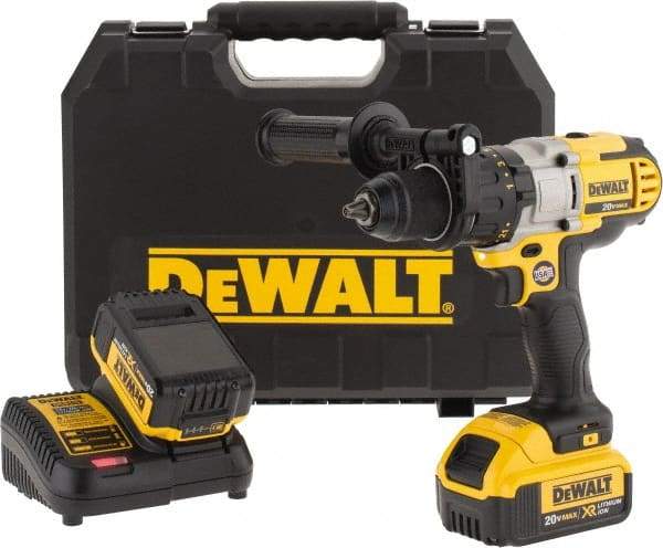 DeWALT - 20 Volt 1/2" Chuck Mid-Handle Cordless Drill - 0-575 & 0-1350 & 0-2000 RPM, Single-Sleeve Ratcheting Chuck, Reversible, 2 Lithium-Ion Batteries Included - Americas Industrial Supply