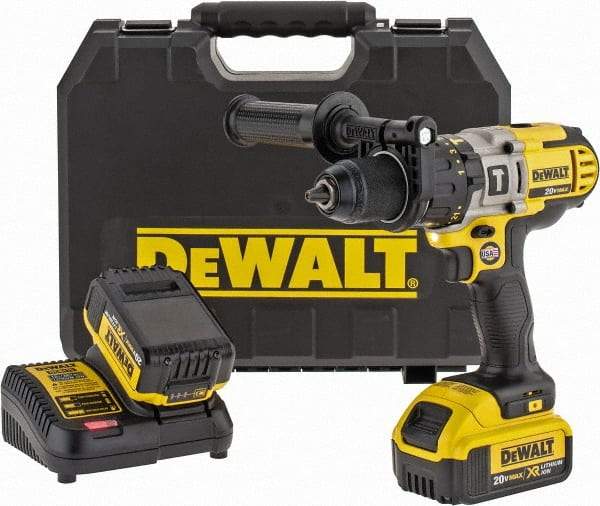 DeWALT - 20 Volt 1/2" Keyless Chuck Cordless Hammer Drill - 0 to 9,775, 0 to 22,950 & 0 to 34,000 BPM, 0 to 575, 0 to 1,350 & 0 to 2,000 RPM, Reversible, Mid-Handle - Americas Industrial Supply