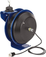 CoxReels - 16 AWG, 75' Cable Length, Cord & Cable Reel with Bare End - 0 Outlets, 13 Amps, 115 Volts, SJO Cable, Blue Reel, Spring Driven Reel - Americas Industrial Supply