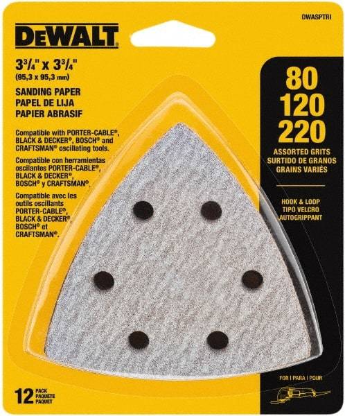 DeWALT - 80, 120 & 220 Grit, Aluminum Oxide TriangleSanding Sheet - 3-1/2" Long x 3-3/4" Wide, Assorted Grade, Weighted Cloth Backing - Americas Industrial Supply