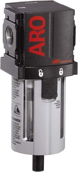 ARO/Ingersoll-Rand - 1/4" Port Coalescing Filter - Polycarbonate Bowl, Automatic Drain, 150 Max psi, 0.3 Micron Rating, 2.205" Long x 2.244" Wide x 7.028" High - Americas Industrial Supply