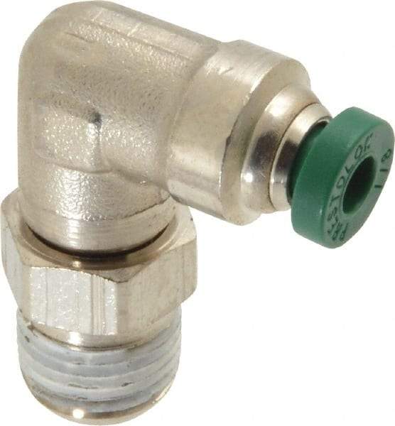Parker - 1/8" Outside Diam, 1/8 NPTF, Nickel Plated Brass Push-to-Connect Tube Male Swivel Elbow - 300 Max psi, Tube to Male NPT Connection, Buna-N O-Ring - Americas Industrial Supply
