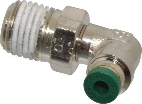 Parker - 1/8" Outside Diam, 1/4 NPTF, Nickel Plated Brass Push-to-Connect Tube Male Swivel Elbow - 300 Max psi, Tube to Male NPT Connection, Buna-N O-Ring - Americas Industrial Supply