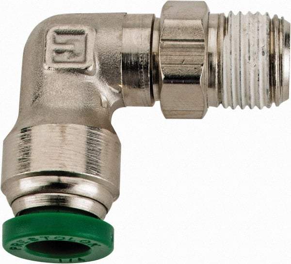 Parker - 1/4" Outside Diam, 1/8 NPTF, Nickel Plated Brass Push-to-Connect Tube Male Swivel Elbow - 300 Max psi, Tube to Male NPT Connection, Buna-N O-Ring - Americas Industrial Supply