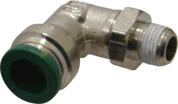 Parker - 3/8" Outside Diam, 1/8 NPTF, Nickel Plated Brass Push-to-Connect Tube Male Swivel Elbow - 300 Max psi, Tube to Male NPT Connection, Buna-N O-Ring - Americas Industrial Supply