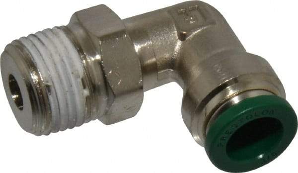 Parker - 3/8" Outside Diam, 3/8 NPTF, Nickel Plated Brass Push-to-Connect Tube Male Swivel Elbow - 300 Max psi, Tube to Male NPT Connection, Buna-N O-Ring - Americas Industrial Supply