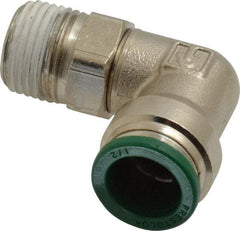 Parker - 1/2" Outside Diam, 3/8 NPTF, Nickel Plated Brass Push-to-Connect Tube Male Swivel Elbow - 300 Max psi, Tube to Male NPT Connection, Buna-N O-Ring - Americas Industrial Supply