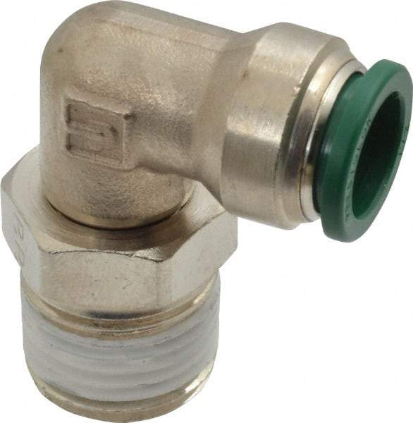 Parker - 1/2" Outside Diam, 1/2 NPTF, Nickel Plated Brass Push-to-Connect Tube Male Swivel Elbow - 300 Max psi, Tube to Male NPT Connection, Buna-N O-Ring - Americas Industrial Supply