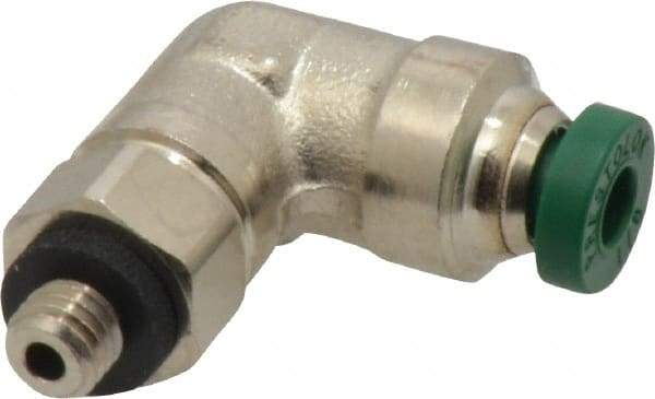 Parker - 1/8" Outside Diam, 10-32 UNF, Nickel Plated Brass Push-to-Connect Tube Male Swivel Elbow - 300 Max psi, Tube to Male UNF Connection, Buna-N O-Ring - Americas Industrial Supply