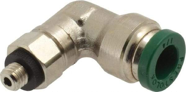 Parker - 1/4" Outside Diam, 10-32 UNF, Nickel Plated Brass Push-to-Connect Tube Male Swivel Elbow - 300 Max psi, Tube to Male UNF Connection, Buna-N O-Ring - Americas Industrial Supply