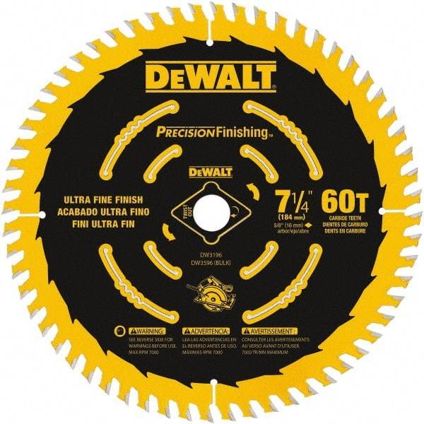 DeWALT - 7-1/4" Diam, 5/8" Arbor Hole Diam, 60 Tooth Wet & Dry Cut Saw Blade - Carbide-Tipped, Diamond Arbor - Americas Industrial Supply