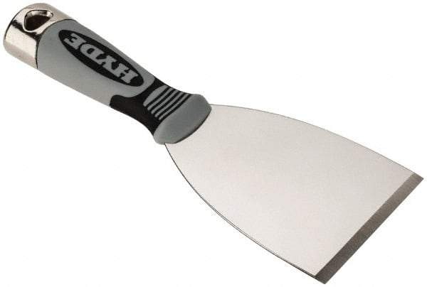 Hyde Tools - Stiff Stainless Steel Putty Scraper - 3" Blade Width x 4" Blade Length, 4-1/4" Long Cushioned Grip Handle - Americas Industrial Supply