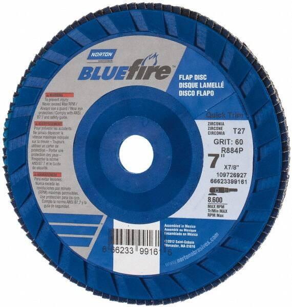 Norton - 60 Grit, 7" Disc Diam, 7/8" Center Hole, Type 27 Zirconia Alumina Flap Disc - 8,600 Max RPM, Fiberglass Backing, Arbor Attaching System, Coated - Americas Industrial Supply