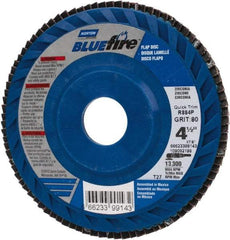 Norton - 80 Grit, 4-1/2" Disc Diam, 7/8" Center Hole, Type 27 Zirconia Alumina Flap Disc - 13,300 Max RPM, Fiberglass Backing, Arbor Attaching System, Coated - Americas Industrial Supply
