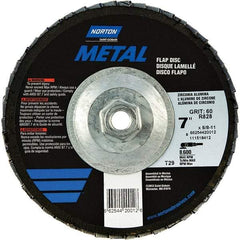 Norton - 80 Grit, 7" Disc Diam, 5/8-11 Center Hole, Type 29 Zirconia Alumina Flap Disc - 8,600 Max RPM, Fiberglass Backing, Arbor Attaching System, Coated - Americas Industrial Supply