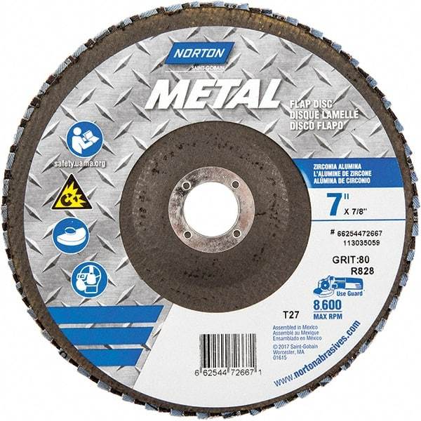 Norton - 80 Grit, 7" Disc Diam, 7/8" Center Hole, Type 27 Zirconia Alumina Flap Disc - 8,600 Max RPM, Fiberglass Backing, Arbor Attaching System, Coated - Americas Industrial Supply