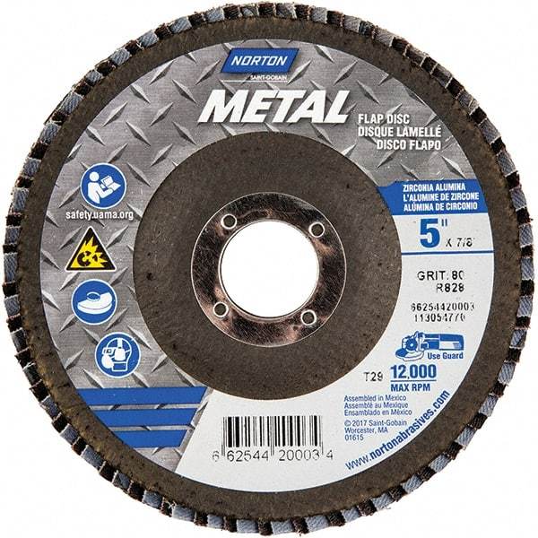 Norton - 80 Grit, 5" Disc Diam, 7/8" Center Hole, Type 29 Zirconia Alumina Flap Disc - 12,000 Max RPM, Fiberglass Backing, Arbor Attaching System, Coated - Americas Industrial Supply