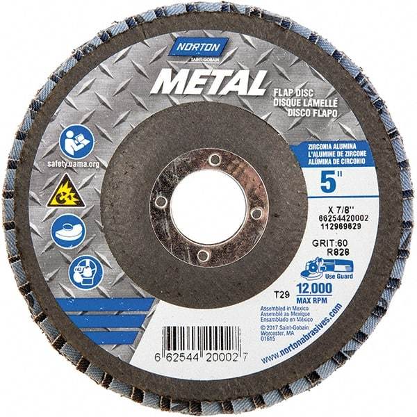 Norton - 60 Grit, 5" Disc Diam, 7/8" Center Hole, Type 29 Zirconia Alumina Flap Disc - 12,000 Max RPM, Fiberglass Backing, Arbor Attaching System, Coated - Americas Industrial Supply