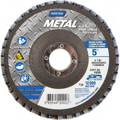 Norton - 60 Grit, 5" Disc Diam, 7/8" Center Hole, Type 29 Zirconia Alumina Flap Disc - 12,000 Max RPM, Fiberglass Backing, Arbor Attaching System, Coated - Americas Industrial Supply