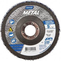 Norton - 40 Grit, 5" Disc Diam, 7/8" Center Hole, Type 29 Zirconia Alumina Flap Disc - 12,000 Max RPM, Fiberglass Backing, Arbor Attaching System, Coated - Americas Industrial Supply