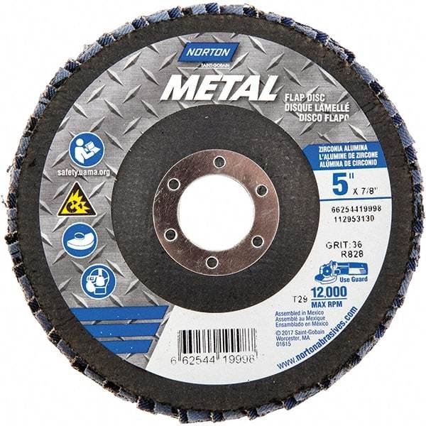 Norton - 36 Grit, 5" Disc Diam, 7/8" Center Hole, Type 29 Zirconia Alumina Flap Disc - 12,000 Max RPM, Fiberglass Backing, Arbor Attaching System, Coated - Americas Industrial Supply