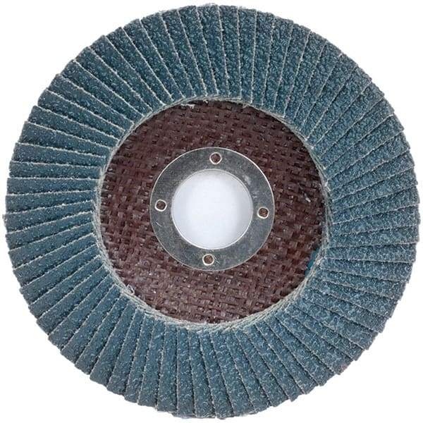 Merit Abrasives - 120 Grit, 5" Disc Diam, 7/8" Center Hole, Type 27 Zirconia Alumina Flap Disc - 12,000 Max RPM, Fiberglass Backing, Arbor Attaching System, Coated - Americas Industrial Supply