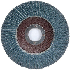 Merit Abrasives - 120 Grit, 5" Disc Diam, 7/8" Center Hole, Type 27 Zirconia Alumina Flap Disc - 12,000 Max RPM, Fiberglass Backing, Arbor Attaching System, Coated - Americas Industrial Supply