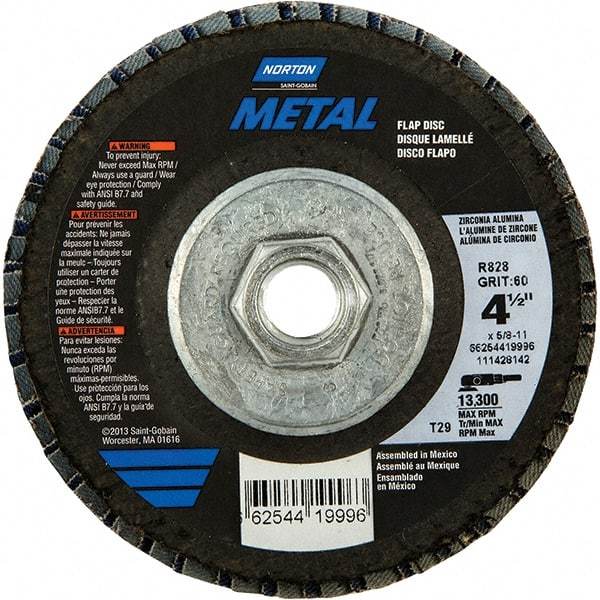 Norton - 80 Grit, 4-1/2" Disc Diam, 5/8-11 Center Hole, Type 29 Zirconia Alumina Flap Disc - 13,300 Max RPM, Fiberglass Backing, Arbor Attaching System, Coated - Americas Industrial Supply