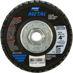 Norton - 80 Grit, 4-1/2" Disc Diam, 5/8-11 Center Hole, Type 29 Zirconia Alumina Flap Disc - 13,300 Max RPM, Fiberglass Backing, Arbor Attaching System, Coated - Americas Industrial Supply