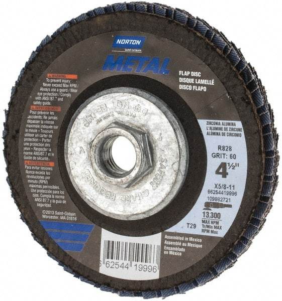 Norton - 60 Grit, 4-1/2" Disc Diam, 5/8-11 Center Hole, Type 29 Zirconia Alumina Flap Disc - 13,300 Max RPM, Fiberglass Backing, Arbor Attaching System, Coated - Americas Industrial Supply