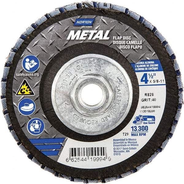 Norton - 40 Grit, 4-1/2" Disc Diam, 5/8-11 Center Hole, Type 29 Zirconia Alumina Flap Disc - 13,300 Max RPM, Fiberglass Backing, Arbor Attaching System, Coated - Americas Industrial Supply