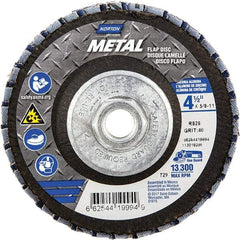 Norton - 40 Grit, 4-1/2" Disc Diam, 5/8-11 Center Hole, Type 29 Zirconia Alumina Flap Disc - 13,300 Max RPM, Fiberglass Backing, Arbor Attaching System, Coated - Americas Industrial Supply