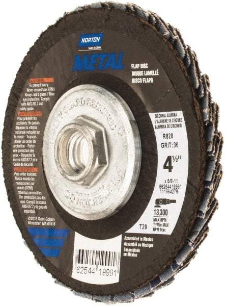 Norton - 36 Grit, 4-1/2" Disc Diam, 5/8-11 Center Hole, Type 29 Zirconia Alumina Flap Disc - 13,300 Max RPM, Fiberglass Backing, Arbor Attaching System, Coated - Americas Industrial Supply