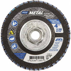 Norton - 80 Grit, 4-1/2" Disc Diam, 5/8-11 Center Hole, Type 27 Zirconia Alumina Flap Disc - 13,300 Max RPM, Fiberglass Backing, Arbor Attaching System, Coated - Americas Industrial Supply
