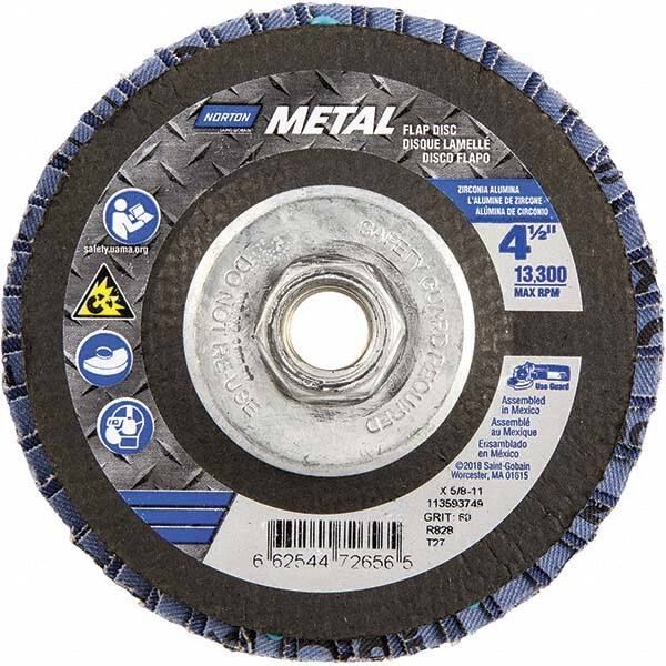Norton - 60 Grit, 4-1/2" Disc Diam, 5/8-11 Center Hole, Type 27 Zirconia Alumina Flap Disc - 13,300 Max RPM, Fiberglass Backing, Arbor Attaching System, Coated - Americas Industrial Supply