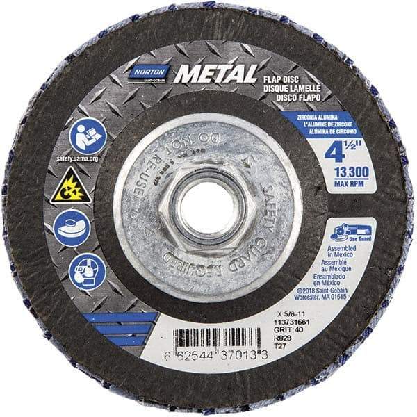 Norton - 40 Grit, 4-1/2" Disc Diam, 5/8-11 Center Hole, Type 27 Zirconia Alumina Flap Disc - 13,300 Max RPM, Fiberglass Backing, Arbor Attaching System, Coated - Americas Industrial Supply
