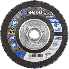 Norton - 40 Grit, 4-1/2" Disc Diam, 5/8-11 Center Hole, Type 27 Zirconia Alumina Flap Disc - 13,300 Max RPM, Fiberglass Backing, Arbor Attaching System, Coated - Americas Industrial Supply