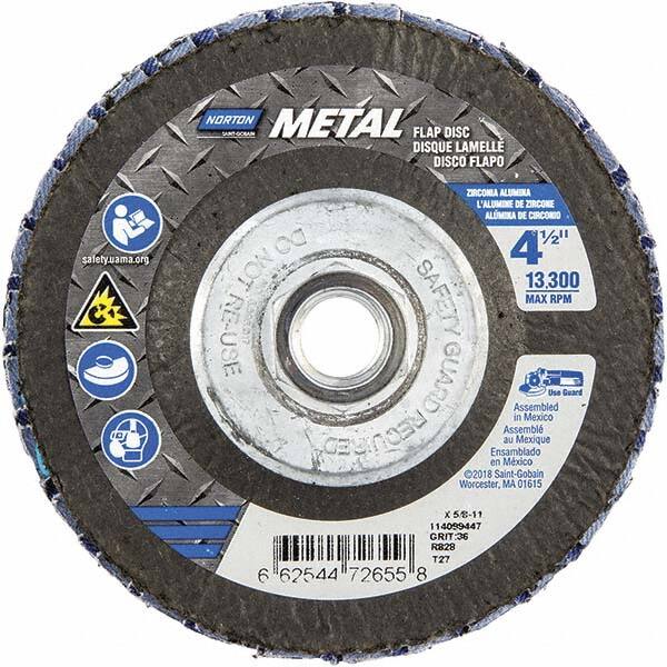 Norton - 36 Grit, 4-1/2" Disc Diam, 5/8-11 Center Hole, Type 27 Zirconia Alumina Flap Disc - 13,300 Max RPM, Fiberglass Backing, Arbor Attaching System, Coated - Americas Industrial Supply