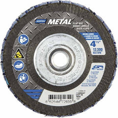 Norton - 36 Grit, 4-1/2" Disc Diam, 5/8-11 Center Hole, Type 27 Zirconia Alumina Flap Disc - 13,300 Max RPM, Fiberglass Backing, Arbor Attaching System, Coated - Americas Industrial Supply