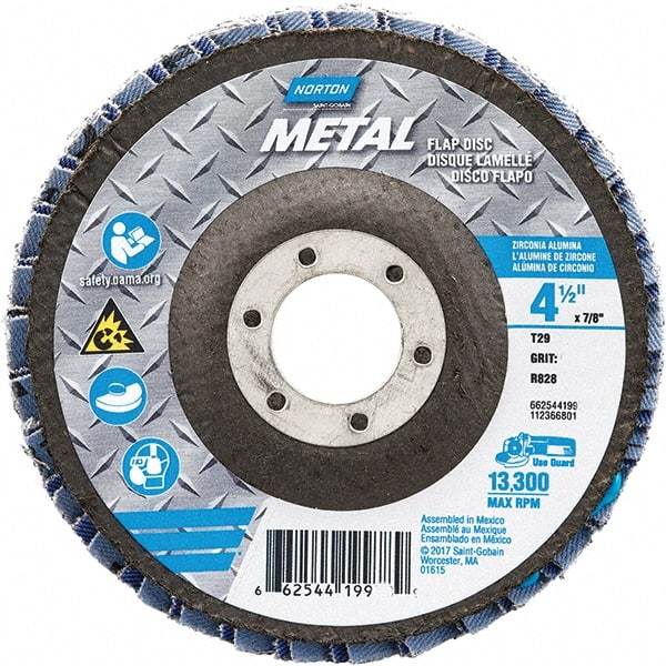 Norton - 80 Grit, 4-1/2" Disc Diam, 7/8" Center Hole, Type 29 Zirconia Alumina Flap Disc - 13,300 Max RPM, Fiberglass Backing, Arbor Attaching System, Coated - Americas Industrial Supply
