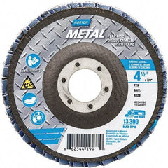 Norton - 80 Grit, 4-1/2" Disc Diam, 7/8" Center Hole, Type 29 Zirconia Alumina Flap Disc - 13,300 Max RPM, Fiberglass Backing, Arbor Attaching System, Coated - Americas Industrial Supply