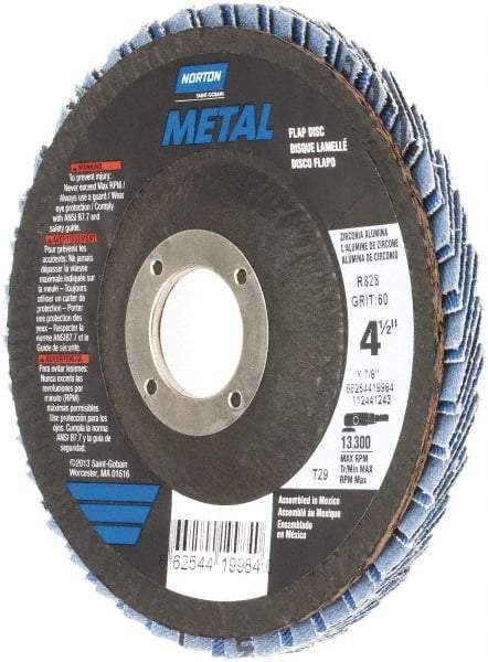 Norton - 60 Grit, 4-1/2" Disc Diam, 7/8" Center Hole, Type 29 Zirconia Alumina Flap Disc - 13,300 Max RPM, Fiberglass Backing, Arbor Attaching System, Coated - Americas Industrial Supply