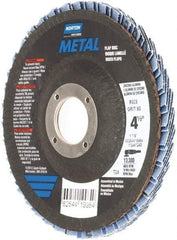 Norton - 60 Grit, 4-1/2" Disc Diam, 7/8" Center Hole, Type 29 Zirconia Alumina Flap Disc - 13,300 Max RPM, Fiberglass Backing, Arbor Attaching System, Coated - Americas Industrial Supply