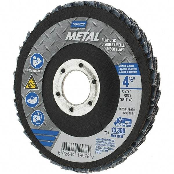 Norton - 40 Grit, 4-1/2" Disc Diam, 7/8" Center Hole, Type 29 Zirconia Alumina Flap Disc - 13,300 Max RPM, Fiberglass Backing, Arbor Attaching System, Coated - Americas Industrial Supply