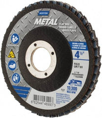 Norton - 80 Grit, 4-1/2" Disc Diam, 7/8" Center Hole, Type 27 Zirconia Alumina Flap Disc - 13,300 Max RPM, Fiberglass Backing, Arbor Attaching System, Coated - Americas Industrial Supply