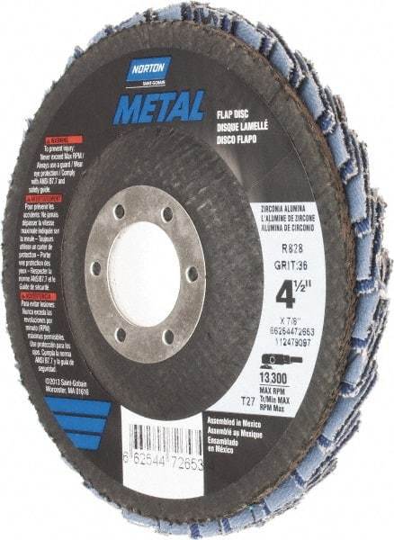 Norton - 36 Grit, 4-1/2" Disc Diam, 7/8" Center Hole, Type 27 Zirconia Alumina Flap Disc - 13,300 Max RPM, Fiberglass Backing, Arbor Attaching System, Coated - Americas Industrial Supply