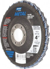 Norton - 36 Grit, 4-1/2" Disc Diam, 7/8" Center Hole, Type 27 Zirconia Alumina Flap Disc - 13,300 Max RPM, Fiberglass Backing, Arbor Attaching System, Coated - Americas Industrial Supply